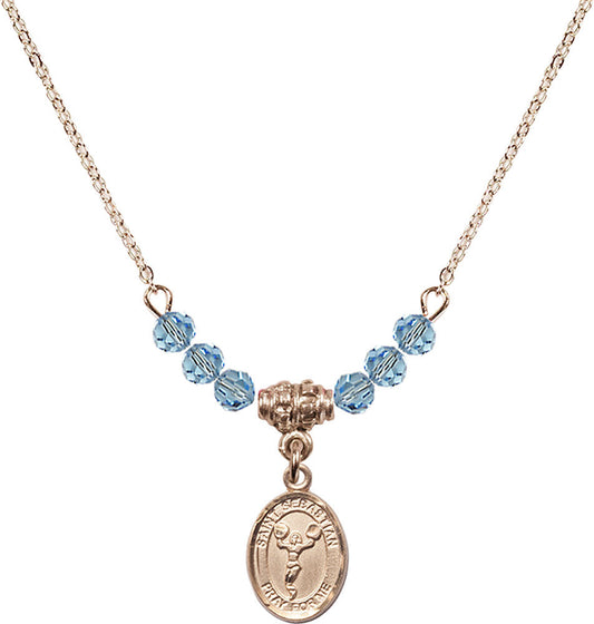 14kt Gold Filled Saint Sebastian/Cheerleading Birthstone Necklace with Aqua Beads - 9170