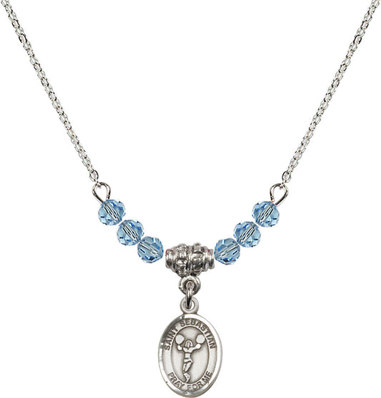 Sterling Silver Saint Sebastian/Cheerleading Birthstone Necklace with Aqua Beads - 9170