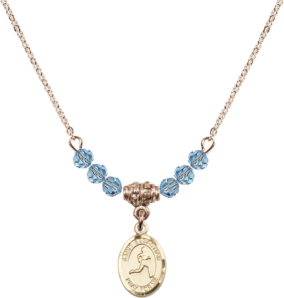 14kt Gold Filled Saint Sebastian/Track & Field Birthstone Necklace with Aqua Beads - 9176