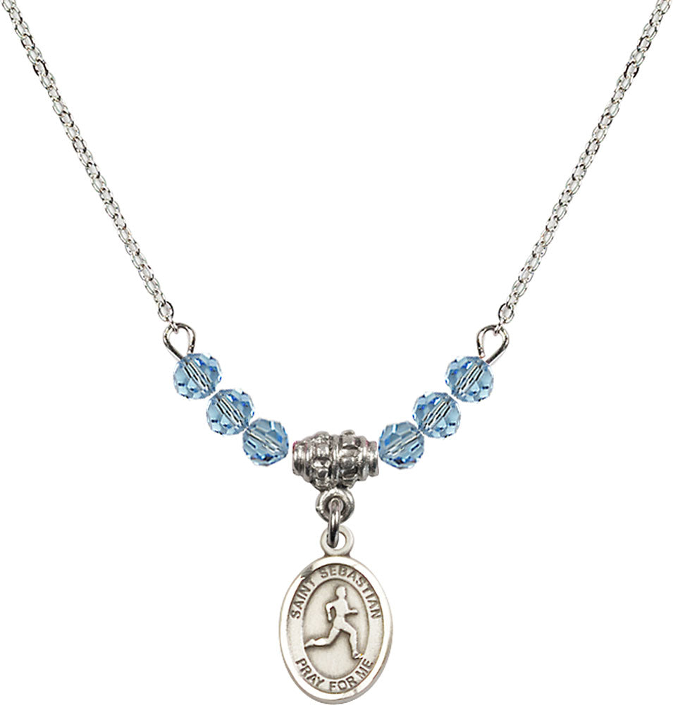 Sterling Silver Saint Sebastian/Track & Field Birthstone Necklace with Aqua Beads - 9176