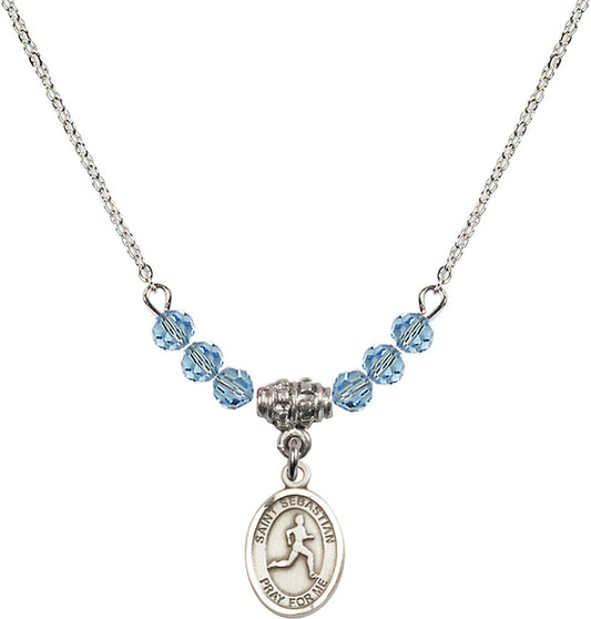 Sterling Silver Saint Sebastian/Track & Field Birthstone Necklace with Aqua Beads - 9176
