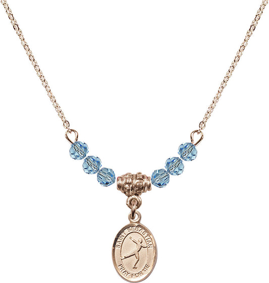14kt Gold Filled Saint Sebastian/Figure Skating Birthstone Necklace with Aqua Beads - 9177