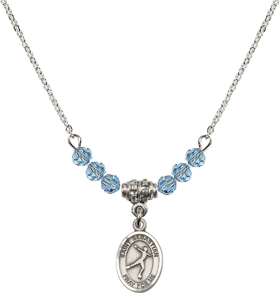 Sterling Silver Saint Sebastian/Figure Skating Birthstone Necklace with Aqua Beads - 9177