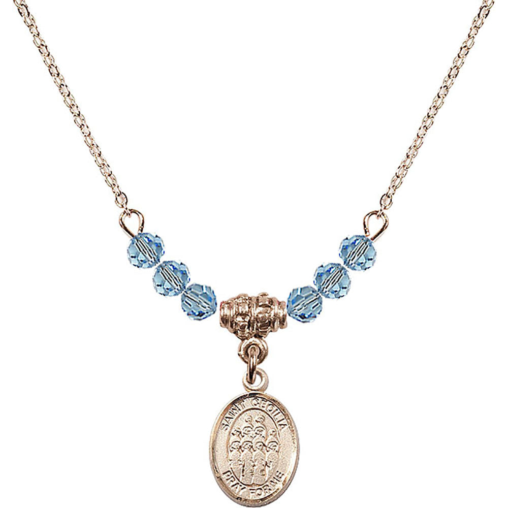 14kt Gold Filled Saint Cecilia / Choir Birthstone Necklace with Aqua Beads - 9180