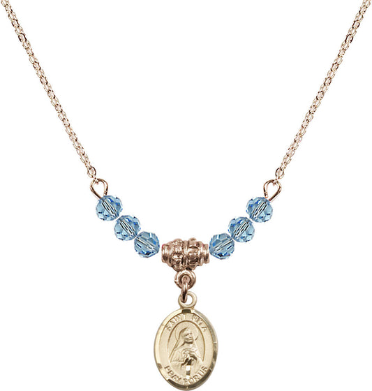 14kt Gold Filled Saint Rita / Baseball Birthstone Necklace with Aqua Beads - 9181