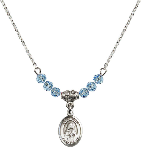 Sterling Silver Saint Rita / Baseball Birthstone Necklace with Aqua Beads - 9181