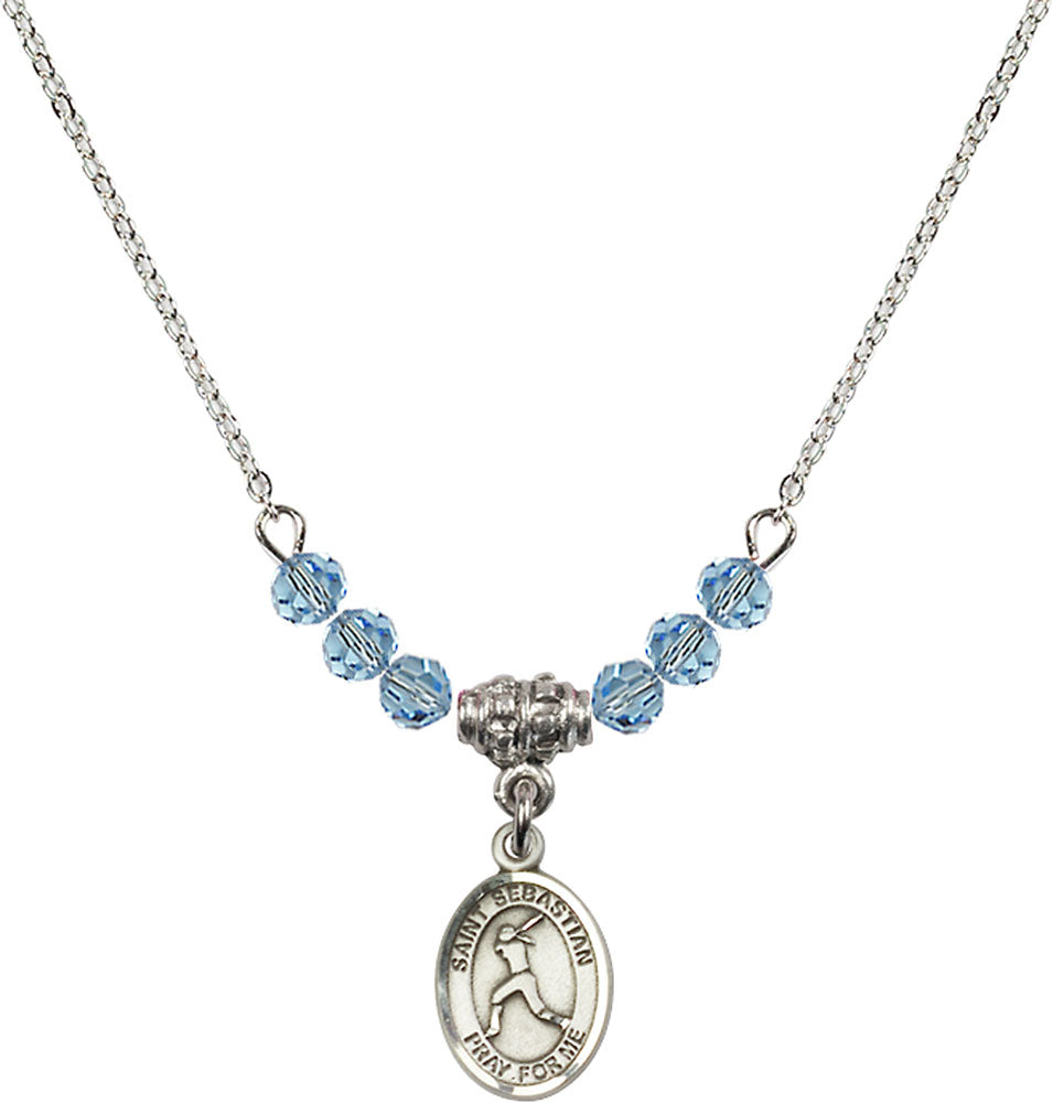 Sterling Silver Saint Sebastian/Softball Birthstone Necklace with Aqua Beads - 9183