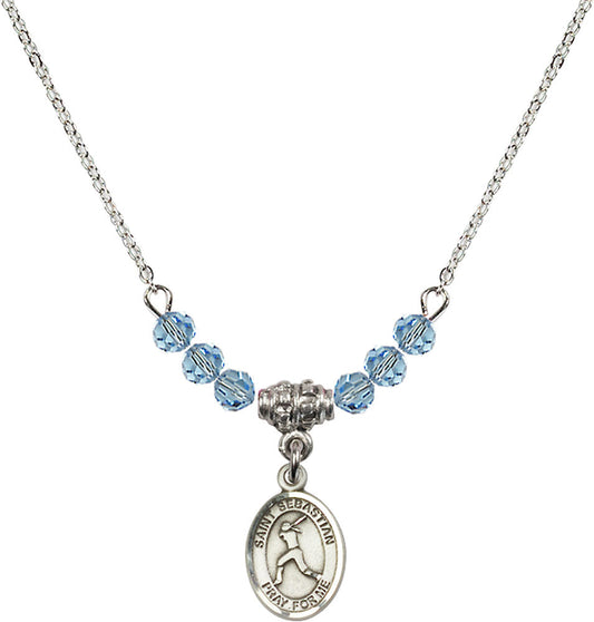 Sterling Silver Saint Sebastian/Softball Birthstone Necklace with Aqua Beads - 9183