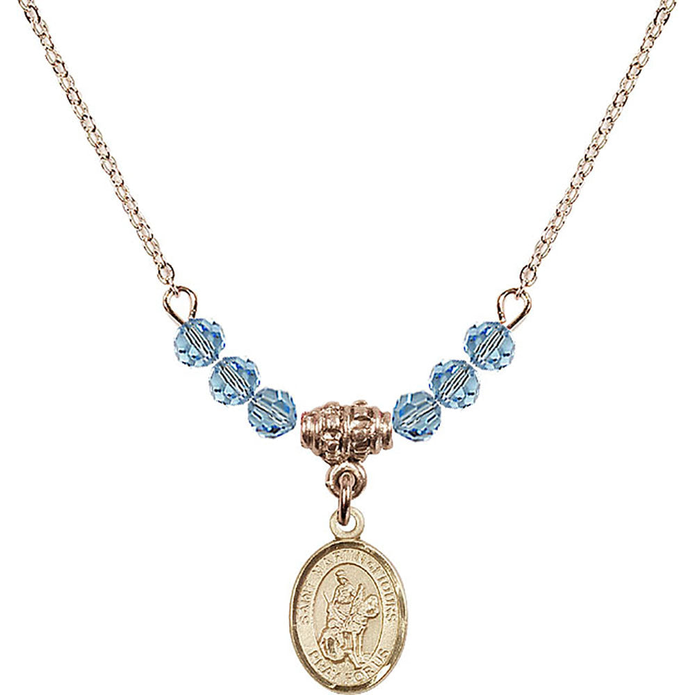 14kt Gold Filled Saint Martin of Tours Birthstone Necklace with Aqua Beads - 9200