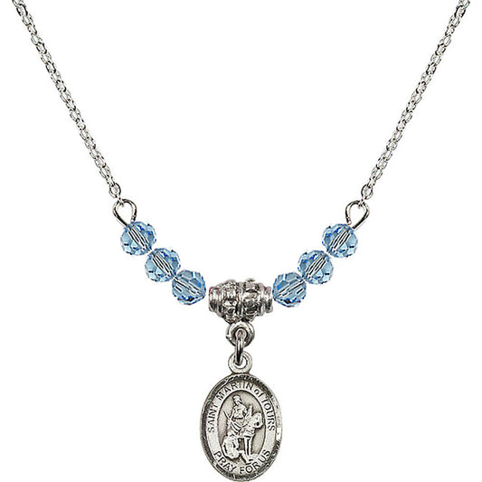 Sterling Silver Saint Martin of Tours Birthstone Necklace with Aqua Beads - 9200