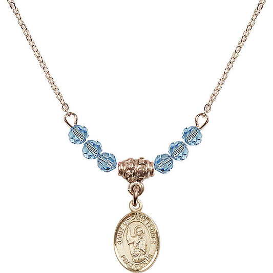 14kt Gold Filled Saint Vincent Ferrer Birthstone Necklace with Aqua Beads - 9201