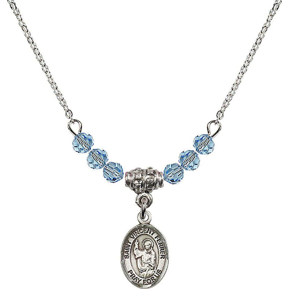 Sterling Silver Saint Vincent Ferrer Birthstone Necklace with Aqua Beads - 9201