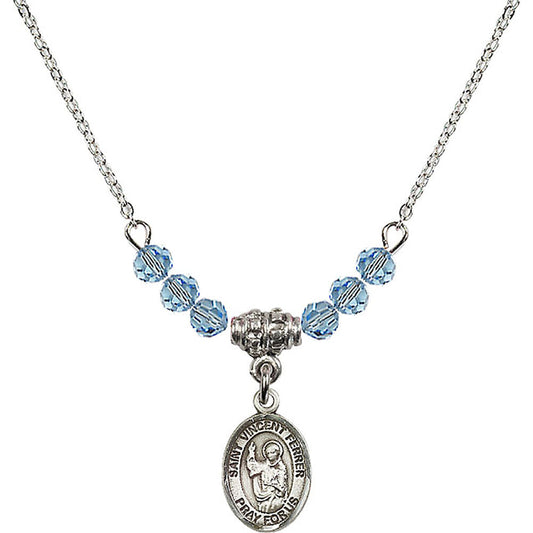 Sterling Silver Saint Vincent Ferrer Birthstone Necklace with Aqua Beads - 9201