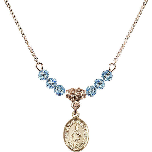 14kt Gold Filled Saint Augustine of Hippo Birthstone Necklace with Aqua Beads - 9202