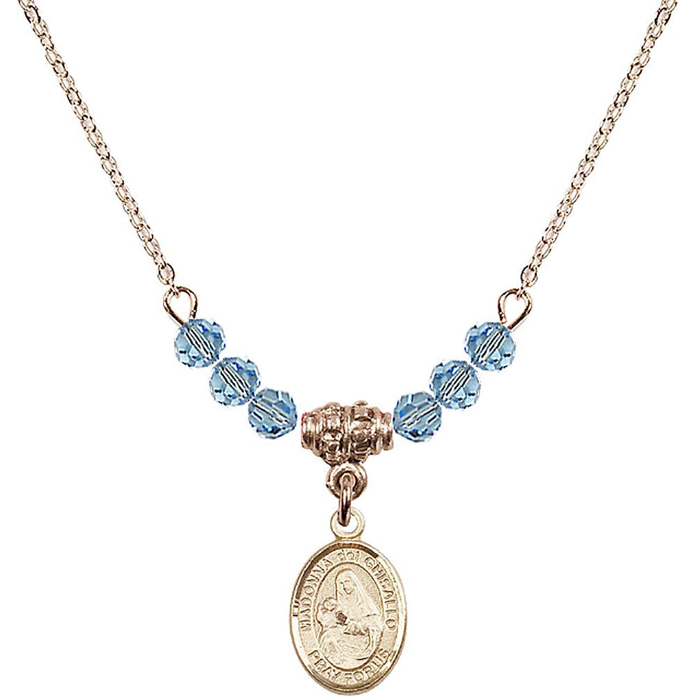 14kt Gold Filled Madonna del Ghisallo Birthstone Necklace with Aqua Beads - 9203