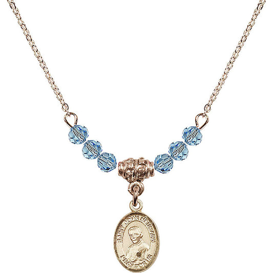 14kt Gold Filled Saint John Neumann Birthstone Necklace with Aqua Beads - 9204