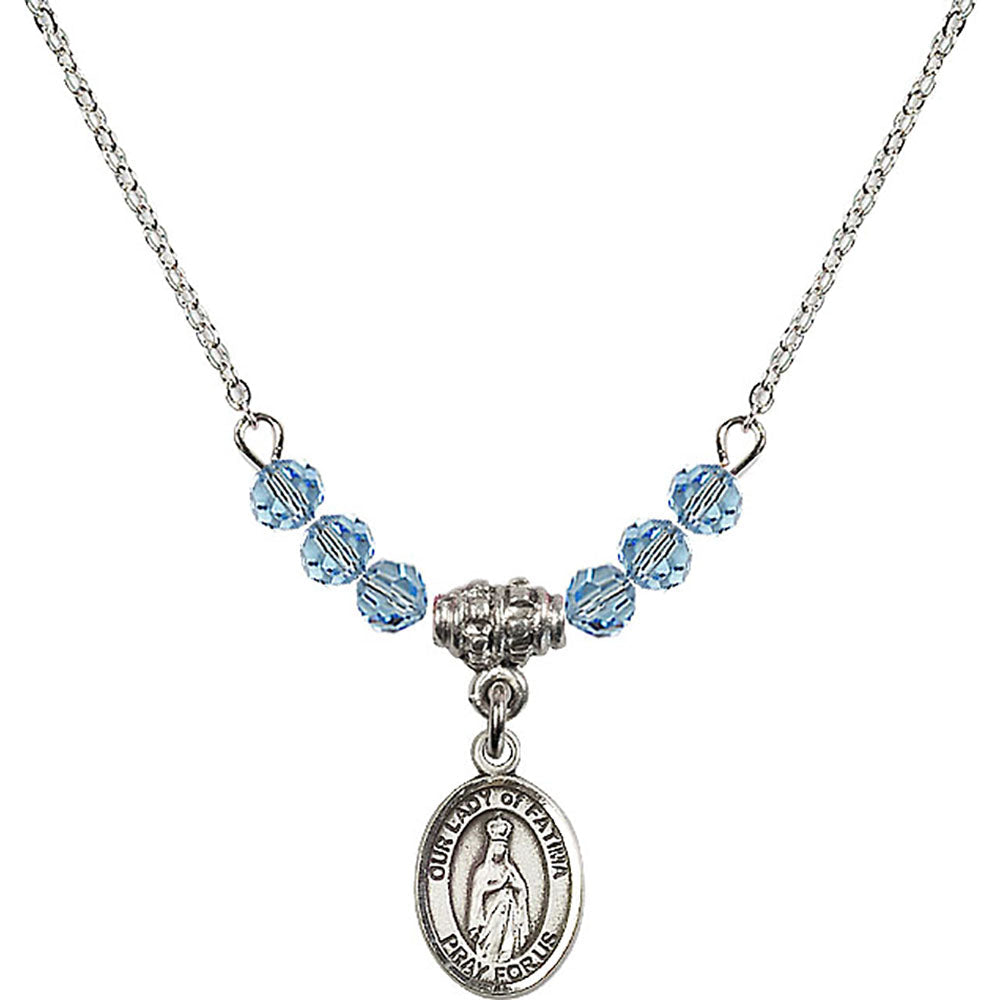 Sterling Silver Our Lady of Fatima Birthstone Necklace with Aqua Beads - 9205