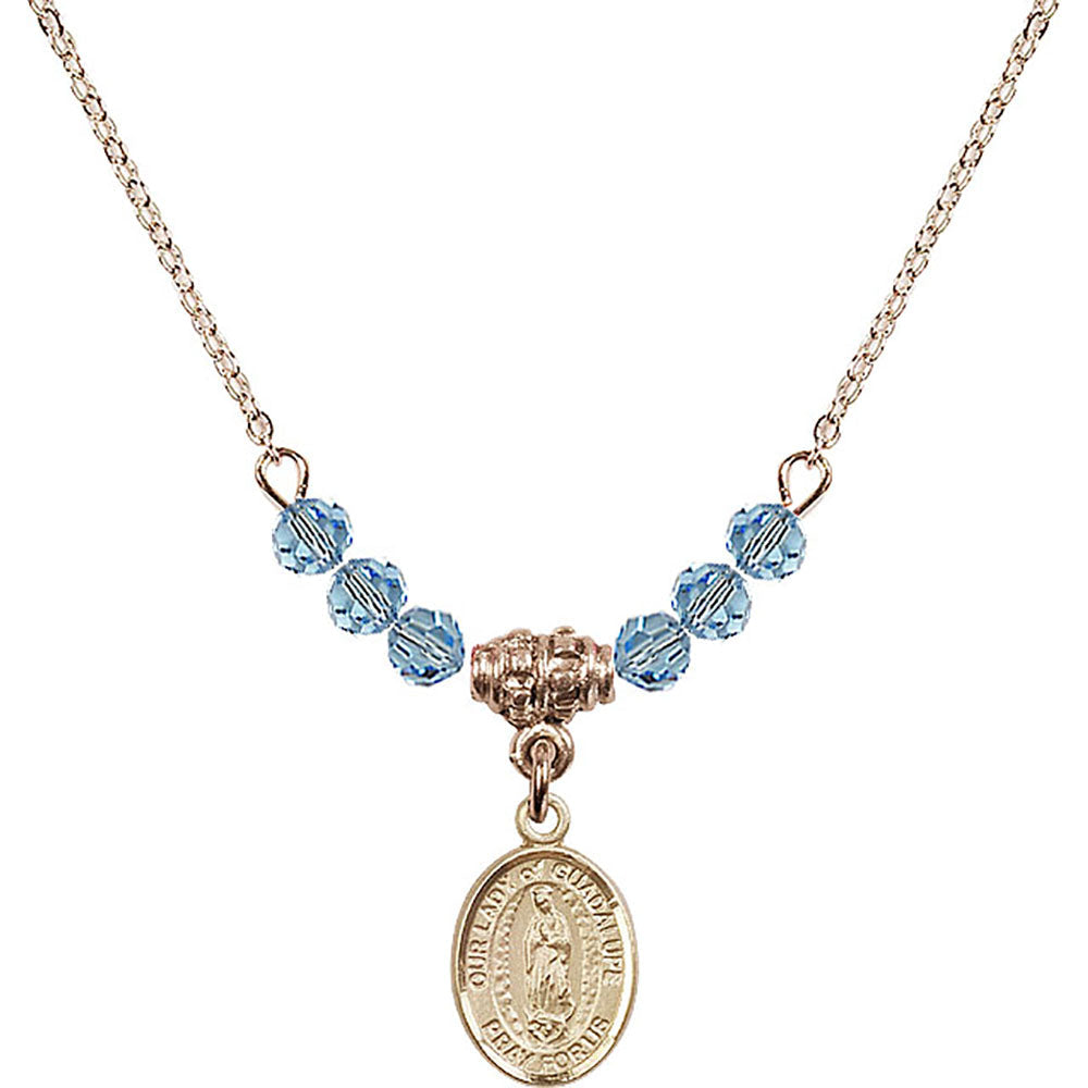 14kt Gold Filled Our Lady of Guadalupe Birthstone Necklace with Aqua Beads - 9206