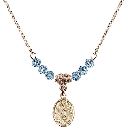 14kt Gold Filled Our Lady of Guadalupe Birthstone Necklace with Aqua Beads - 9206