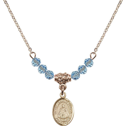 14kt Gold Filled Infant of Prague Birthstone Necklace with Aqua Beads - 9207