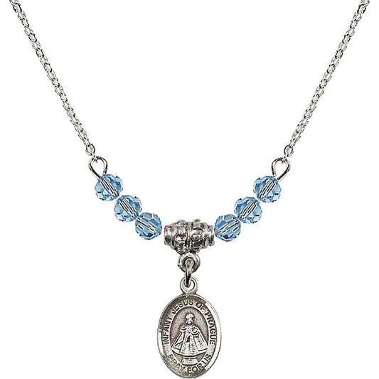 Sterling Silver Infant of Prague Birthstone Necklace with Aqua Beads - 9207