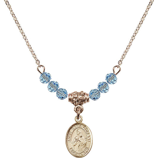 14kt Gold Filled Saint Maria Goretti Birthstone Necklace with Aqua Beads - 9208