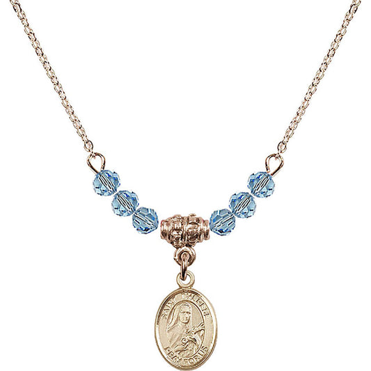 14kt Gold Filled Saint Therese of Lisieux Birthstone Necklace with Aqua Beads - 9210
