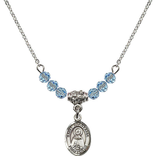 Sterling Silver Saint Anastasia Birthstone Necklace with Aqua Beads - 9213