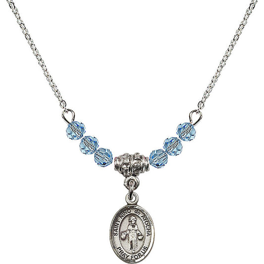 Sterling Silver Saint Nino de Atocha Birthstone Necklace with Aqua Beads - 9214