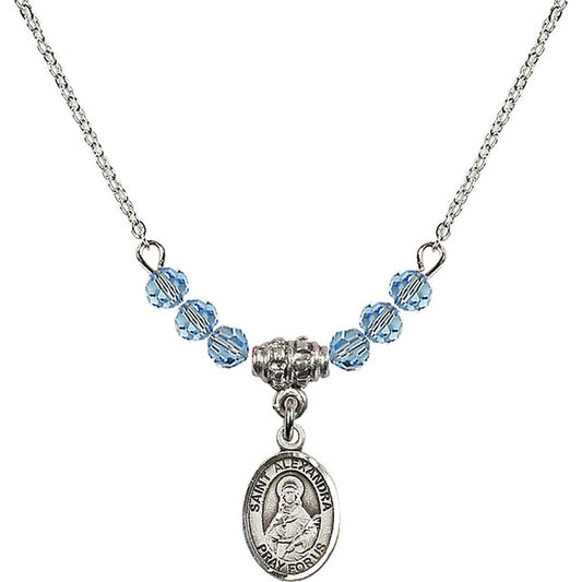 Sterling Silver Saint Alexandra Birthstone Necklace with Aqua Beads - 9215
