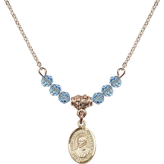14kt Gold Filled Saint Ignatius of Loyola Birthstone Necklace with Aqua Beads - 9217