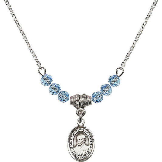 Sterling Silver Saint Ignatius of Loyola Birthstone Necklace with Aqua Beads - 9217