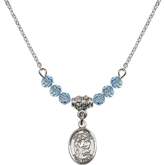Sterling Silver Holy Family Birthstone Necklace with Aqua Beads - 9218