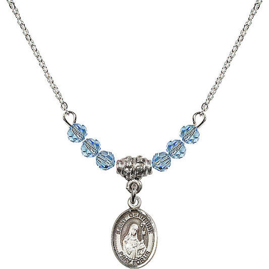 Sterling Silver Saint Gertrude of Nivelles Birthstone Necklace with Aqua Beads - 9219