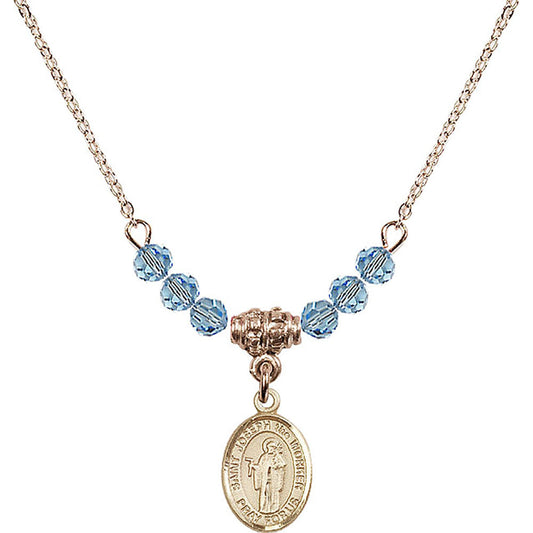 14kt Gold Filled Saint Joseph the Worker Birthstone Necklace with Aqua Beads - 9220