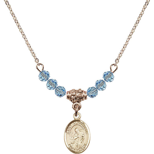 14kt Gold Filled Saint Alphonsus Birthstone Necklace with Aqua Beads - 9221