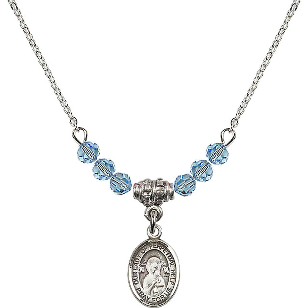Sterling Silver Our Lady of Perpetual Help Birthstone Necklace with Aqua Beads - 9222