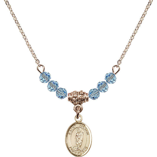 14kt Gold Filled Saint Victor of Marseilles Birthstone Necklace with Aqua Beads - 9223