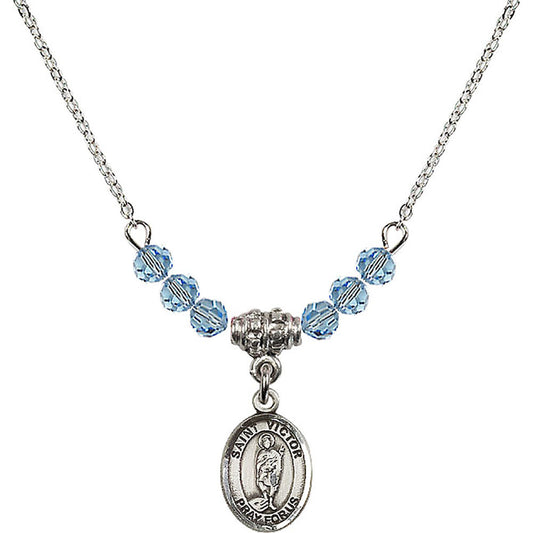 Sterling Silver Saint Victor of Marseilles Birthstone Necklace with Aqua Beads - 9223
