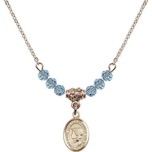14kt Gold Filled Saint Elizabeth Ann Seton Birthstone Necklace with Aqua Beads - 9224