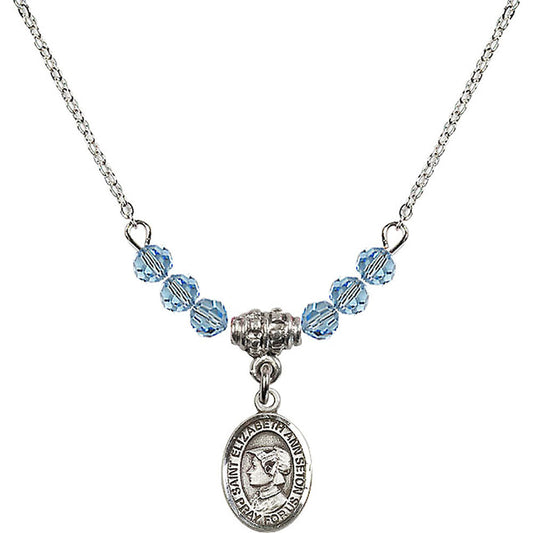 Sterling Silver Saint Elizabeth Ann Seton Birthstone Necklace with Aqua Beads - 9224