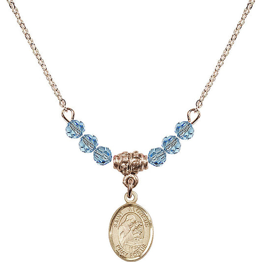 14kt Gold Filled Saint Aloysius Gonzaga Birthstone Necklace with Aqua Beads - 9225