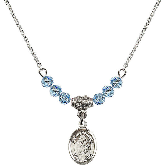 Sterling Silver Saint Aloysius Gonzaga Birthstone Necklace with Aqua Beads - 9225
