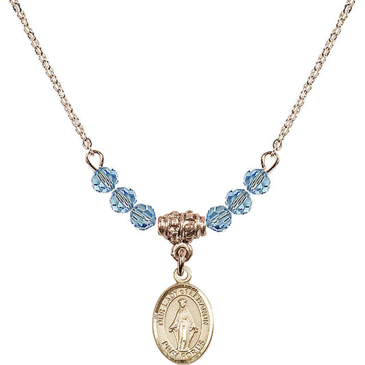 14kt Gold Filled Our Lady of Lebanon Birthstone Necklace with Aqua Beads - 9229