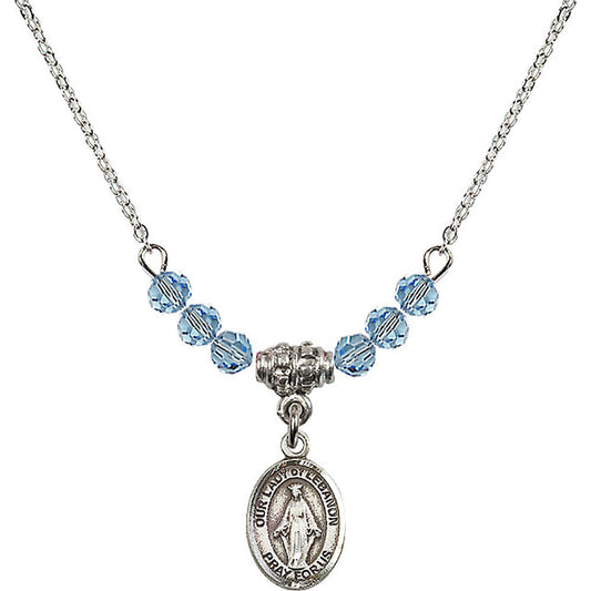 Sterling Silver Our Lady of Lebanon Birthstone Necklace with Aqua Beads - 9229