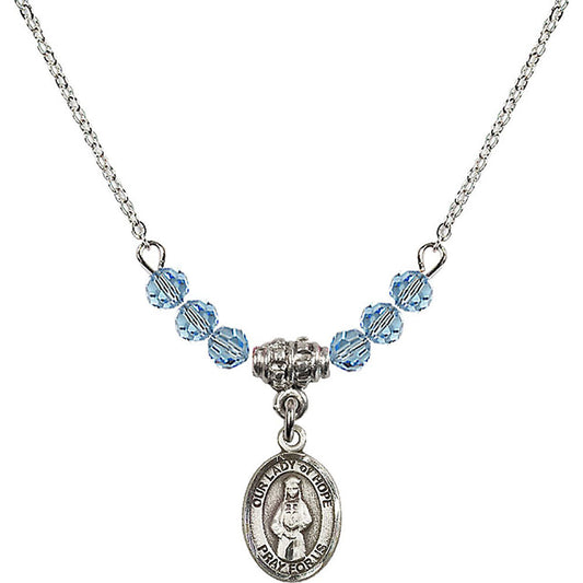 Sterling Silver Our Lady of Hope Birthstone Necklace with Aqua Beads - 9230