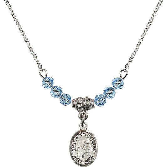 Sterling Silver Saint John of the Cross Birthstone Necklace with Aqua Beads - 9231