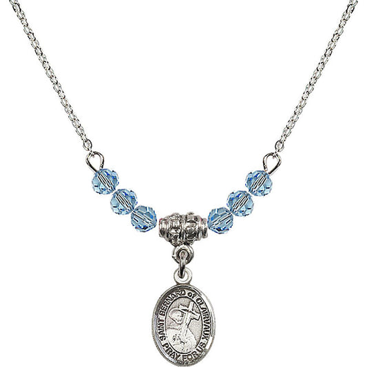 Sterling Silver Saint Bernard of Clairvaux Birthstone Necklace with Aqua Beads - 9233