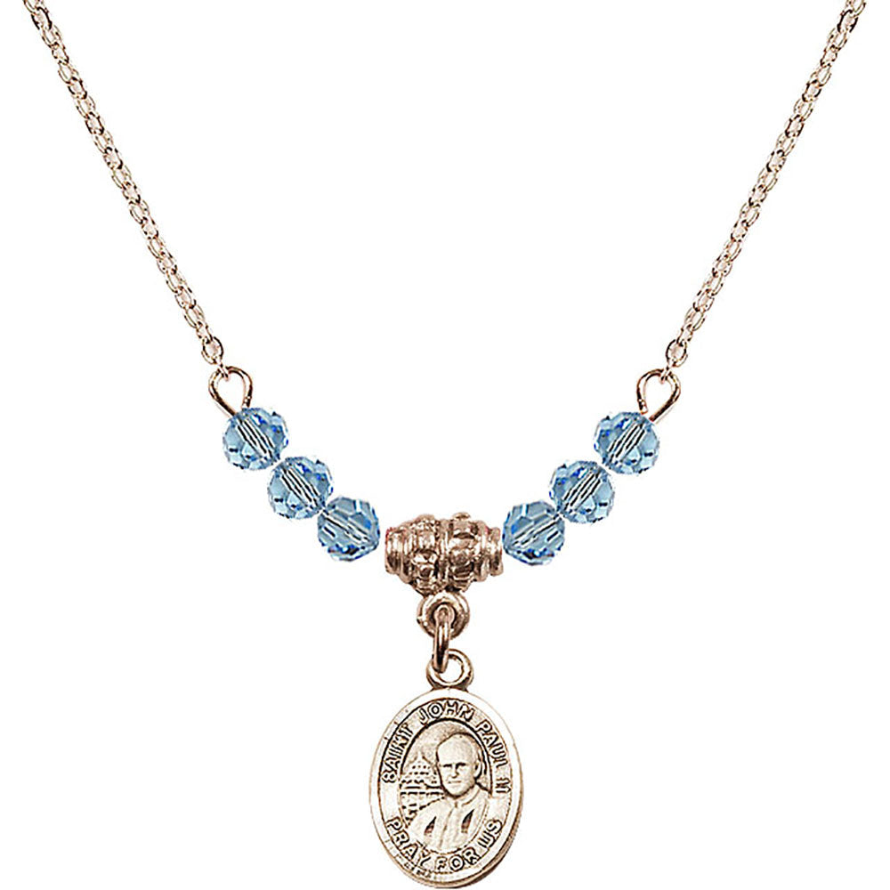 14kt Gold Filled Saint John Paul II Birthstone Necklace with Aqua Beads - 9234