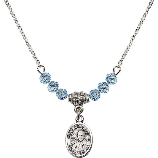 Sterling Silver Saint John Paul II Birthstone Necklace with Aqua Beads - 9234